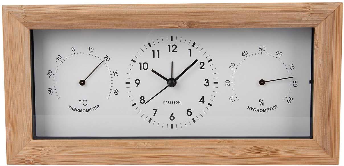 Analog väckarklocka med bamburam, svart urtavla och termometer/hygrometer