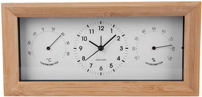 Analog väckarklocka med bamburam, svart urtavla och termometer/hygrometer