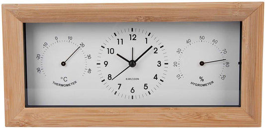 Analog väckarklocka med bamburam, svart urtavla och termometer/hygrometer