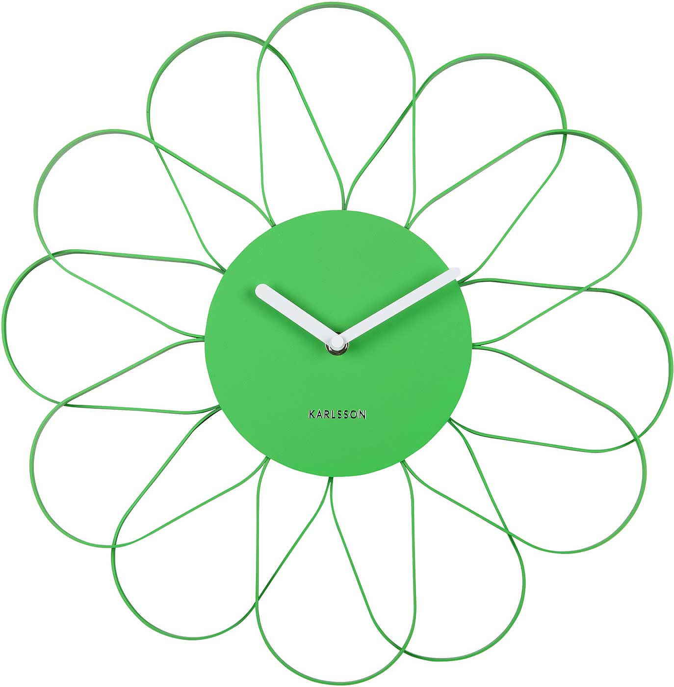 Väggklocka med grön blommig urtavla och vita visare, Karlsson-logotyp