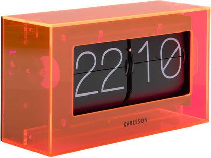 Akrylbordsklocka med flipdisplay, orange hölje på sidan, siffror 22 och 10