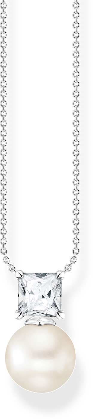 "Halsband med silverfärgad länkkedja, pärlhänge och sten i infattning"