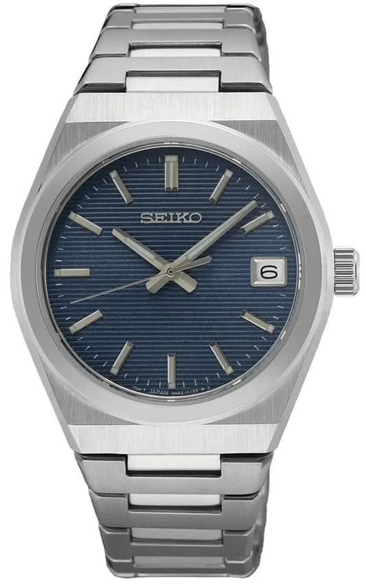 Seiko damklocka med blå urtavla, datumfönster vid kl. 6, armband i rostfritt stål.