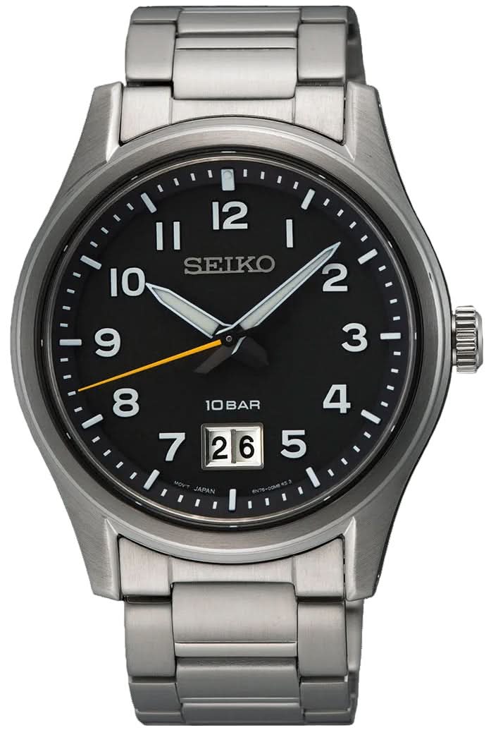 "Seiko damklocka med stållänk, svart urtavla, datumfönster vid kl. 3"