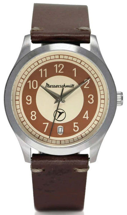 Messerschmitt analog armbandsur för unisex med brunt läderband och beige urtavla
