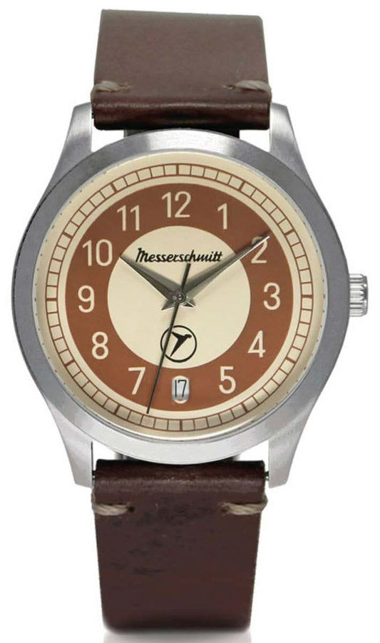 Messerschmitt analog armbandsur för unisex med brunt läderband och beige urtavla