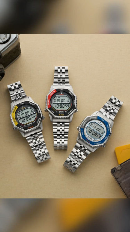 "Tre Seiko digitala klockor med metallarmband, svart infattning med röda och blå accenter"