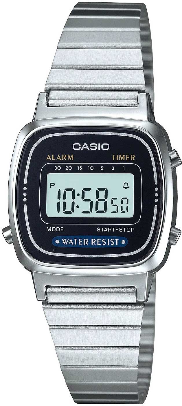 Casio damklocka med silverfärgat metallband och svart digital display, larm/timer