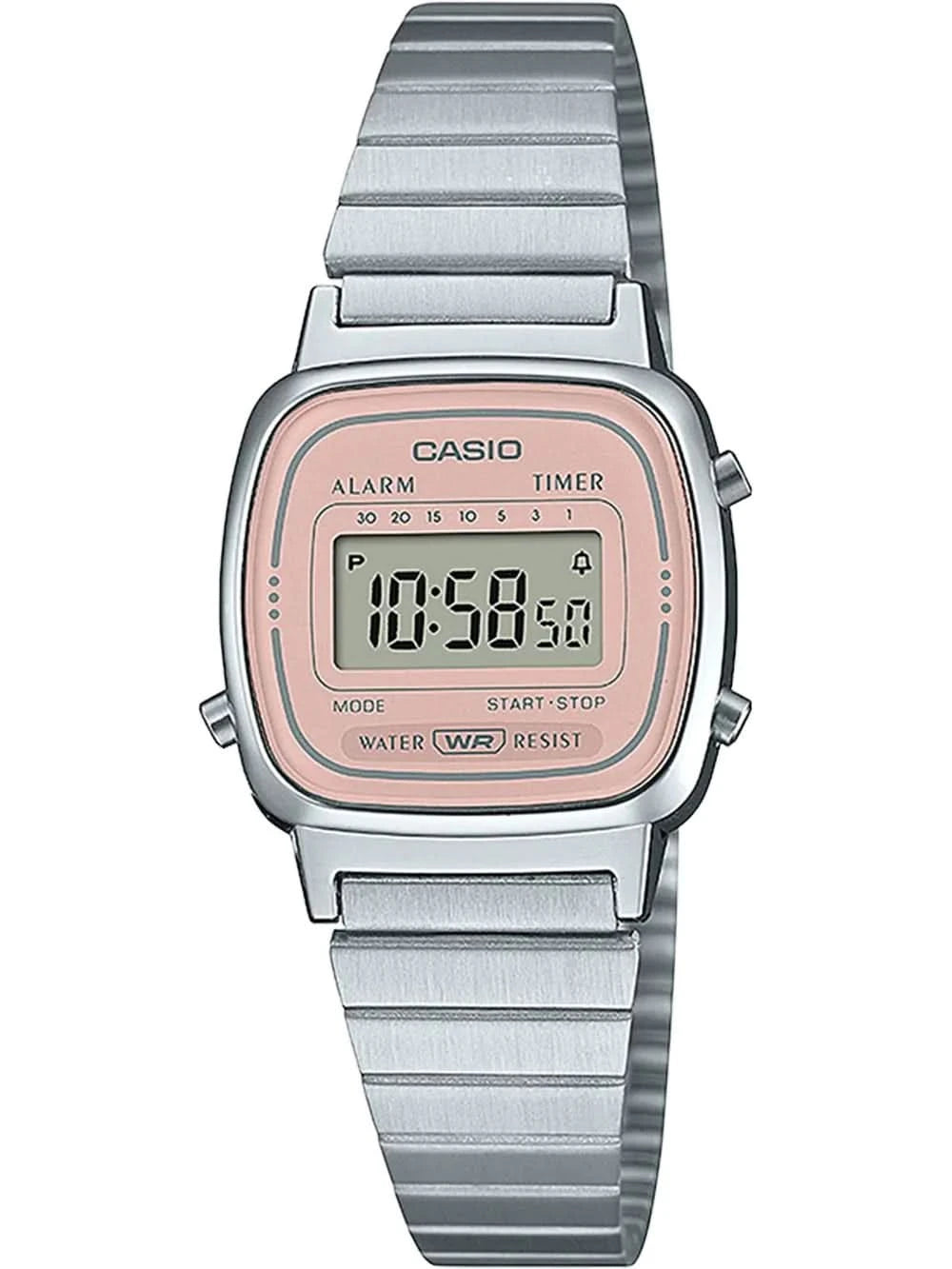 "Damklocka med silverfärgat metallarmband och rektangulär digital display med rosa ram"