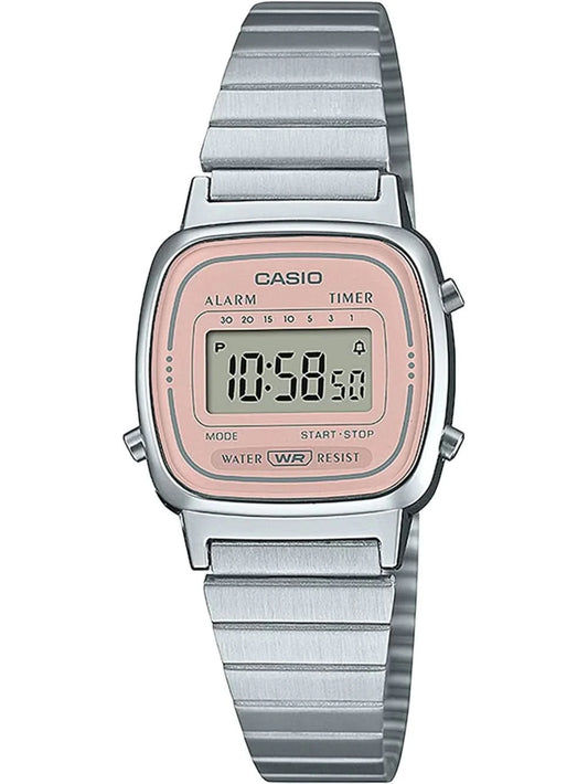 "Damklocka med silverfärgat metallarmband och rektangulär digital display med rosa ram"