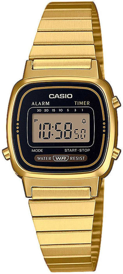 Casio damklocka med guldfärgat metallband och mörk digital urtavla, larm/timer