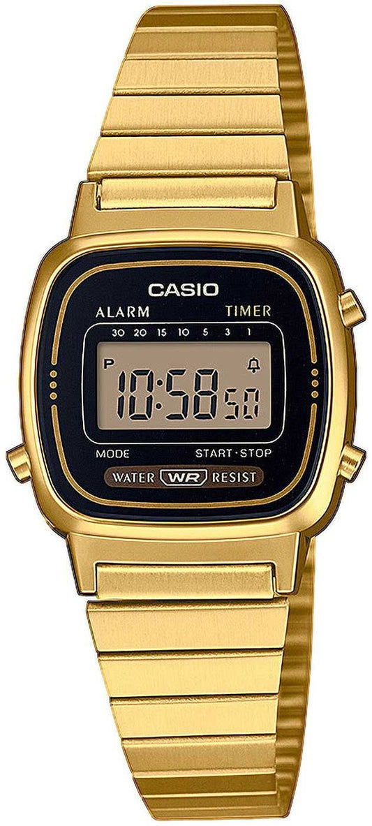 Casio damklocka med guldfärgat metallband och mörk digital urtavla, larm/timer