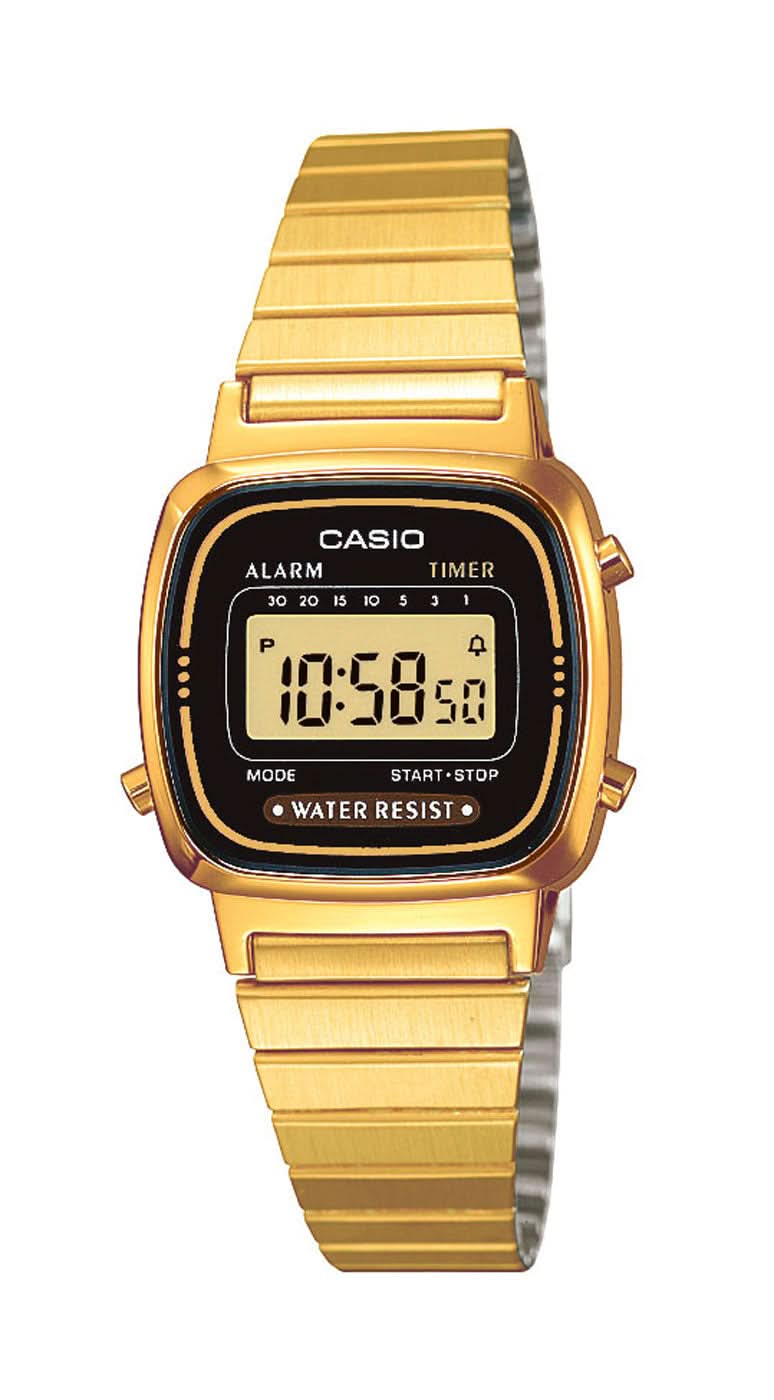 Casio damklocka, guldfärgat hölje med mörk urtavla och metallarmband i profil