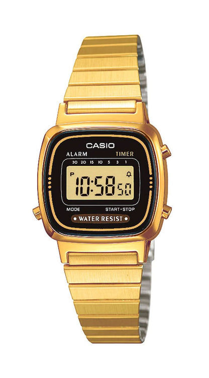 Casio damklocka, guldfärgat hölje med mörk urtavla och metallarmband i profil