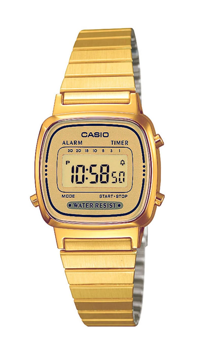 Casio damklocka, guldfärgat metallarmband, digital LCD-display med alarm och stoppursfunktion