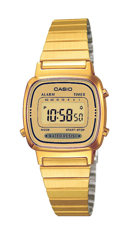 Casio damklocka, guldfärgat metallarmband, digital LCD-display med alarm och stoppursfunktion