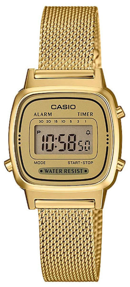 "Damklocka med guldfärgat mesh-armband och digital display, larm- och timerfunktion"
