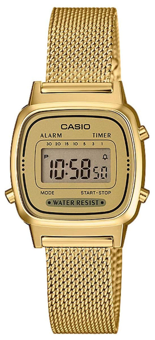"Damklocka med guldfärgat mesh-armband och digital display, larm- och timerfunktion"
