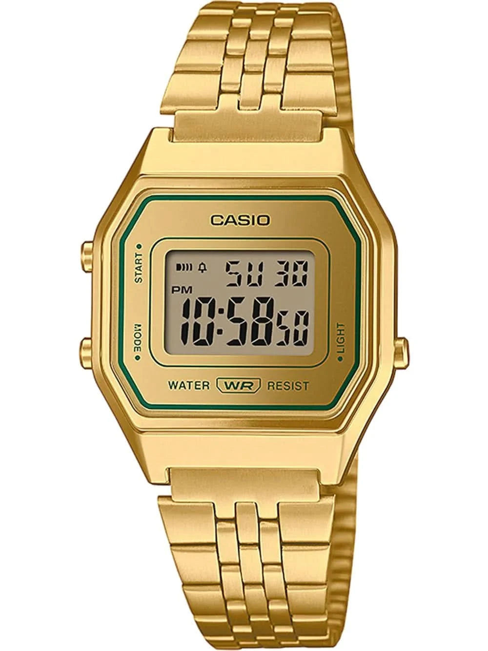 Guldpläterad damklocka med metallarmband och åttakantigt hölje, digital display