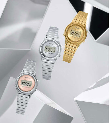 Casio damklockor i jämförelse: silverfärgad, guldfärgad och roséfärgad urtavla med armband i metall