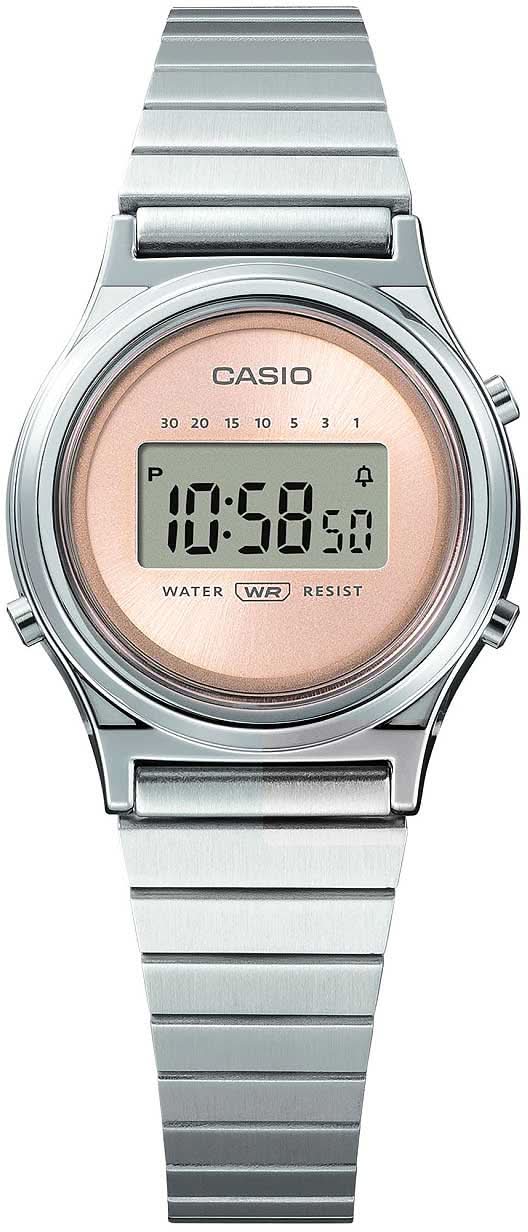 Casio damklocka med silverfärgat metallarmband och rund urtavla, rosa urtavla