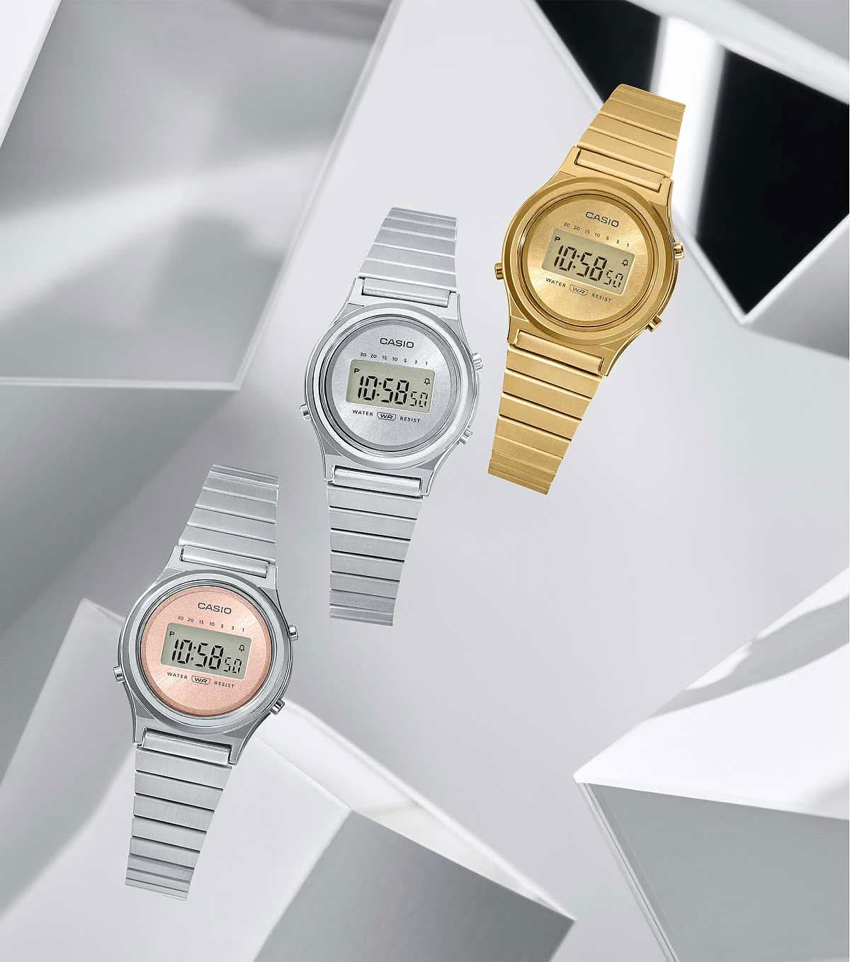 Casio damklockor i guld-, silver- och roséguldtoner, rund boett, digital display