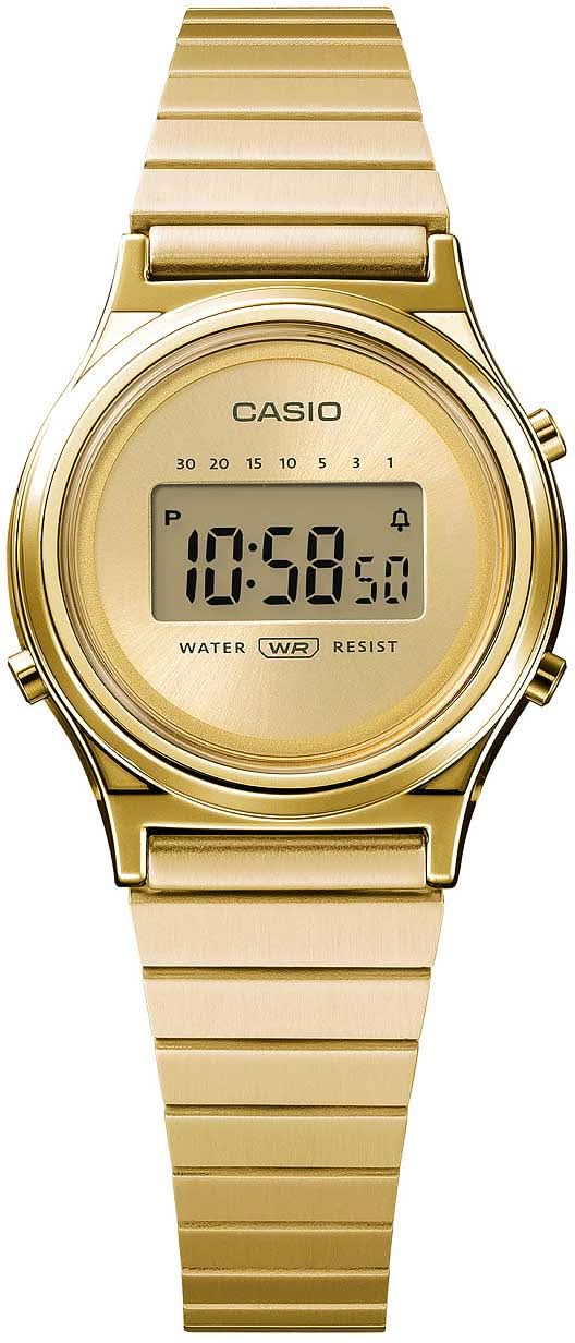 Casio damklocka, rund boett i guld, metallarmband, digital display