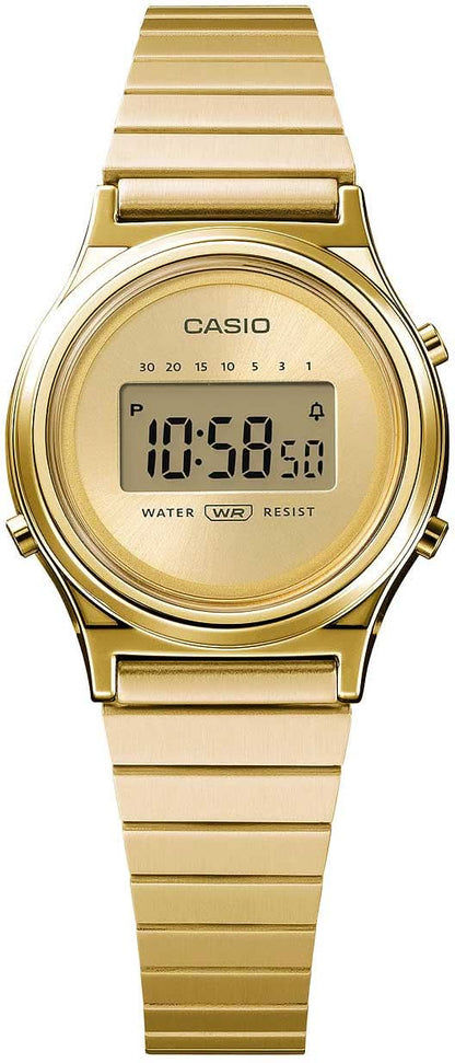 Casio damklocka, rund boett i guld, metallarmband, digital display