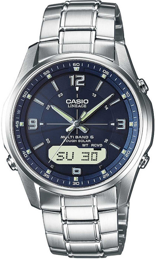 Casio herrur med blå urtavla, stållänk och radiostyrd visning