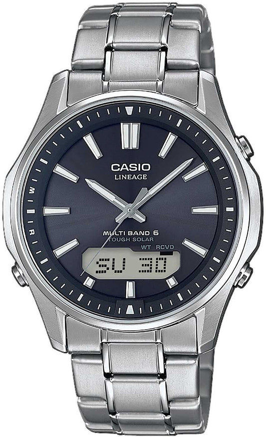 Casio analog herrklocka med blå urtavla och metallänk, titanlook