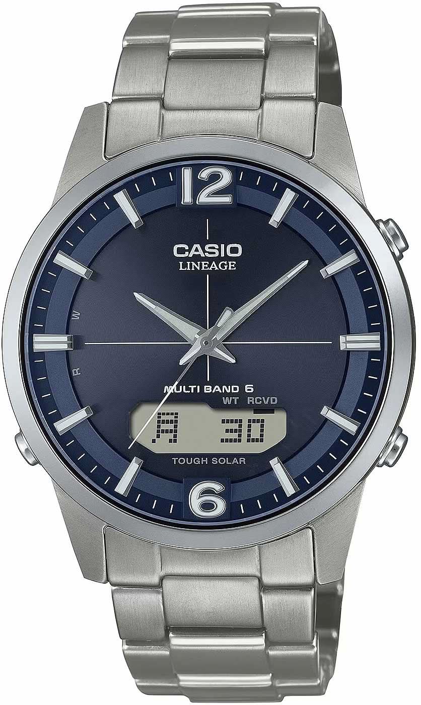 Casio Lineage herrklocka med blå urtavla och silverfärgat metallarmband, boett i rund design