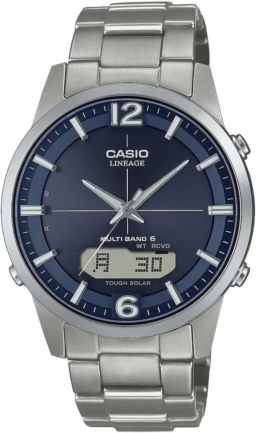 Casio Lineage herrklocka med blå urtavla och silverfärgat metallarmband, boett i rund design