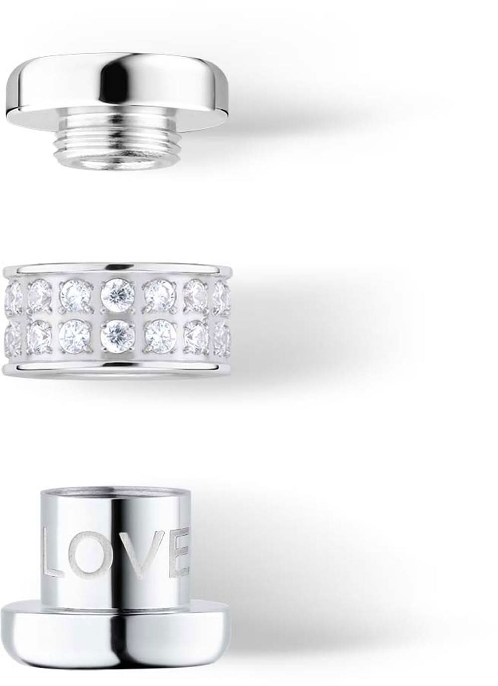 Charm i rostfritt stål med en rad av zirkonia och gravyren ”LOVE”, silverfärgad, från sidan