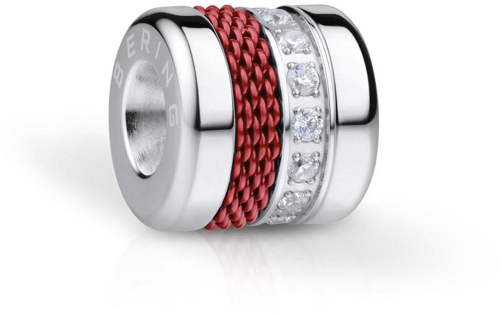Charm i rostfritt stål med rött flätat band och strass i ringen