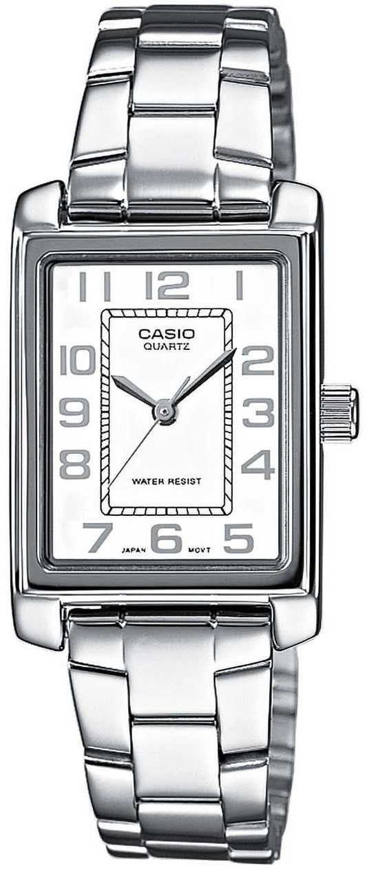 Casio damklocka med rektangulär urtavla, arabiska siffror och rostfritt stålarmband