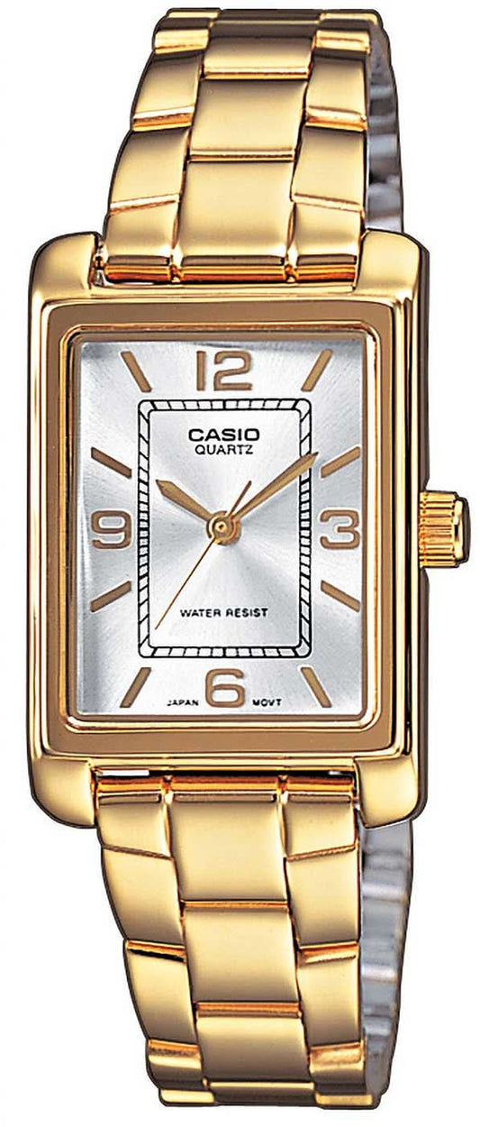Casio damklocka med guldfärgat metallarmband, rektangulär urtavla och analoga visare