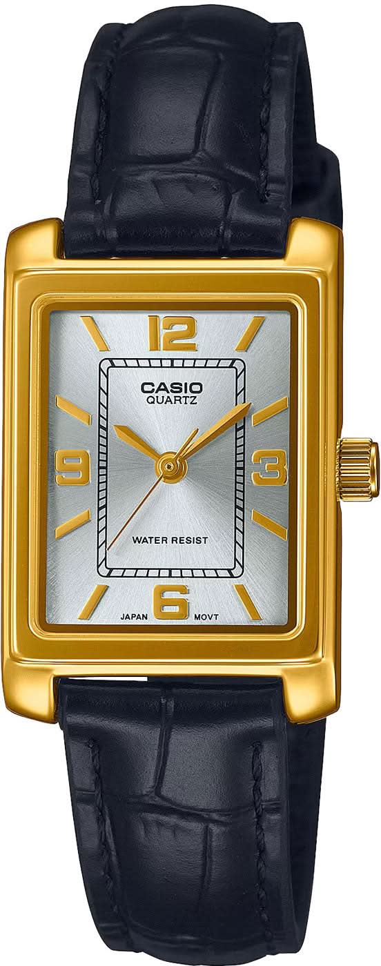 Casio damklocka med fyrkantigt guldfärgat hölje, ljus urtavla och mörkblått läderband