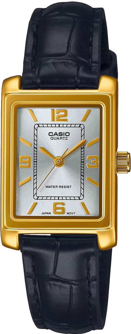 Casio damklocka med fyrkantigt guldfärgat hölje, ljus urtavla och mörkblått läderband