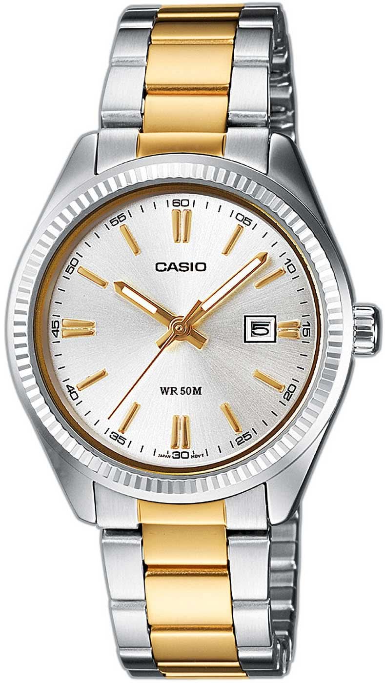 Casio Damklocka: silver-guldfärgat metallarmband, vit urtavla, datumvisning