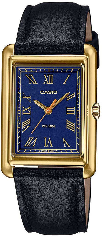 Casio damklocka med guldfärgat hölje, blå urtavla och svart läderarmband