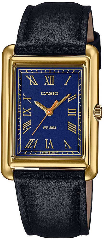 Casio damklocka med guldfärgat hölje, blå urtavla och svart läderarmband