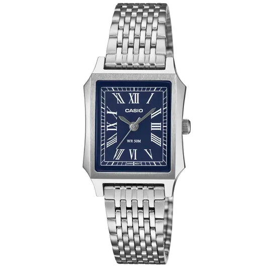 Casio Damenarmbanduhr mit blauem Mineralglas-Zifferblatt, römischen Zahlen und Edelstahlarmband