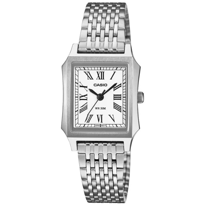 Casio Damenuhr, rechteckiges Edelstahlgehäuse, silbernes Metallarmband, römisches Ziffernblatt