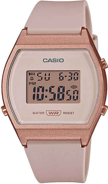Casio damklocka med digital display, rosafärgat armband och boett