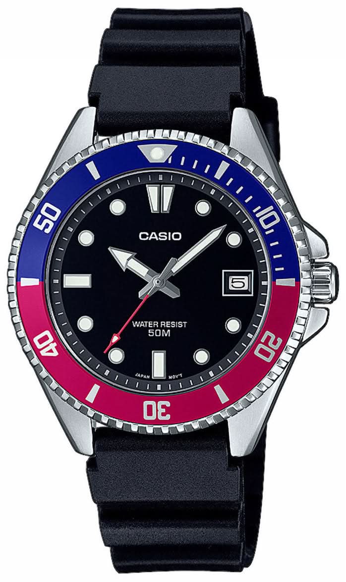 Casio dykarklocka: svart armband, mörk urtavla, blå-röd dykring