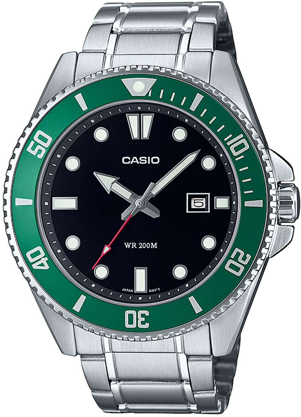 Casio herrarmbandsur med stålband, rund boett och grönsvart urtavla