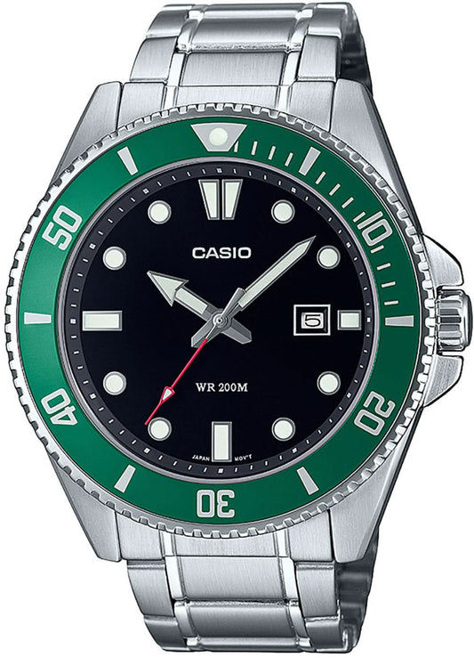 Casio herrarmbandsur med stålband, rund boett och grönsvart urtavla