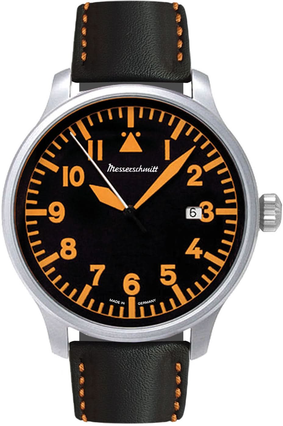 Pilotklocka för herr med svart urtavla, orangea siffror och läderarmband
