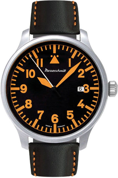Pilotklocka för herr med svart urtavla, orangea siffror och läderarmband