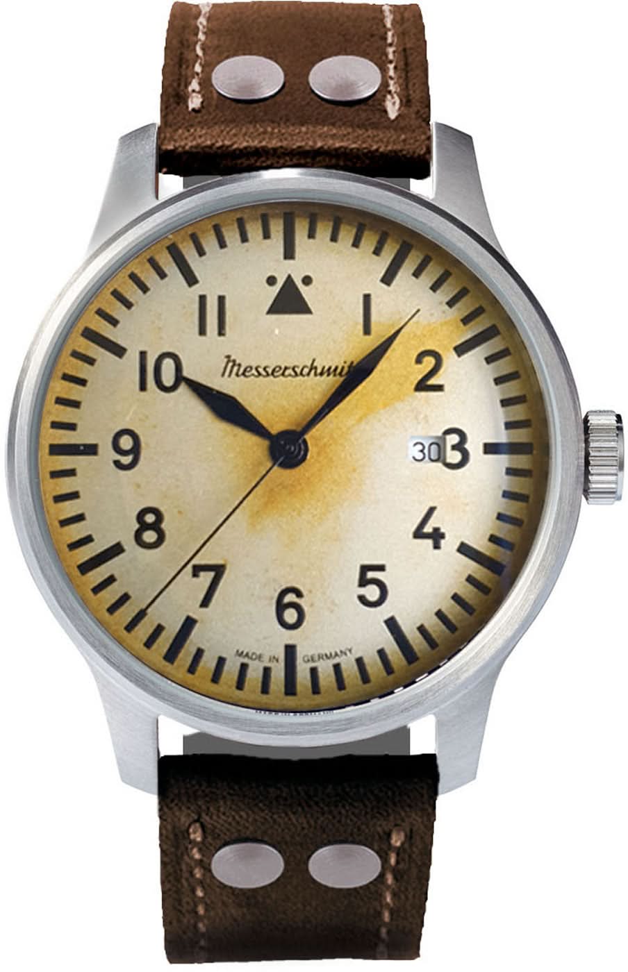 Messerschmitt herrklocka med brunt läderarmband och gulaktig urtavla